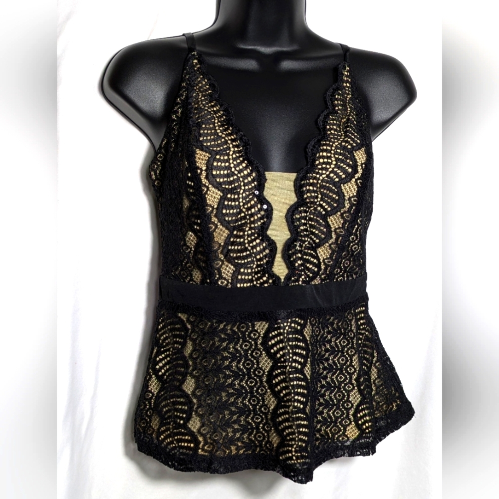 Venus Lace & Sequin Camisole - black Lace over Nude Lining| Size XS